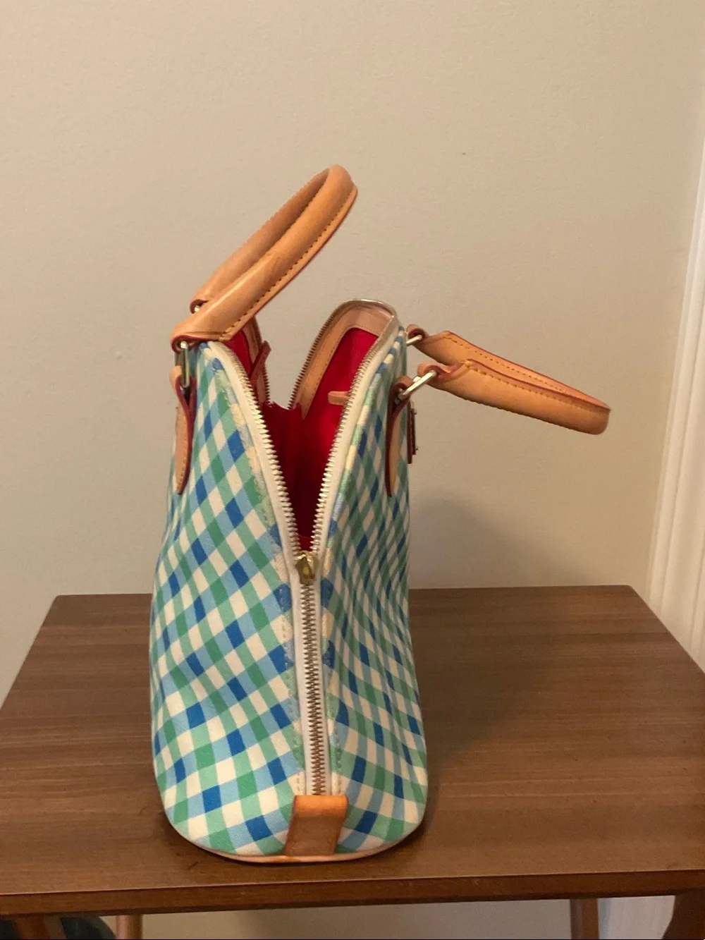 Dooney & Bourke Blue and Green Gingham Leather-Trim Satchel
